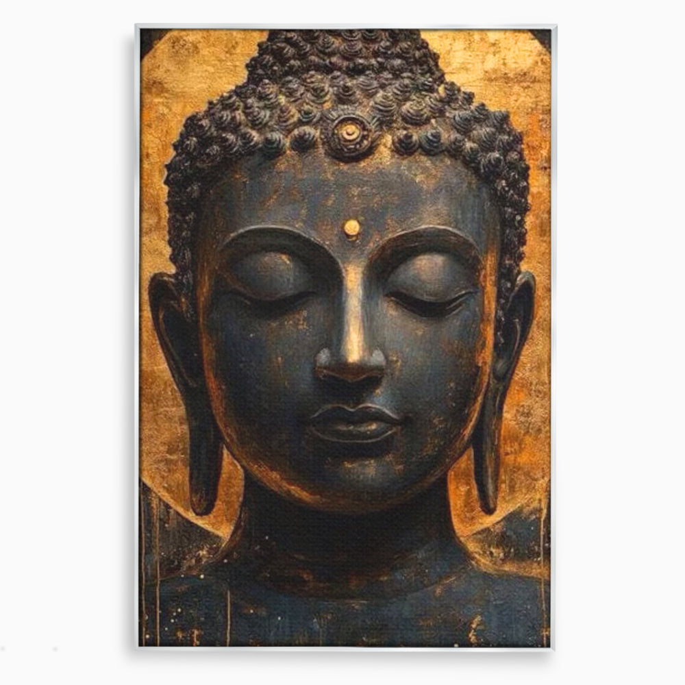 Tablou canvas cu tablou canvas cu capul lui buddha, in rama de aluminiu argintiu